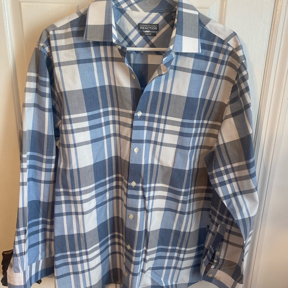 Kenneth Cole Blue and White Plaid Casual Shirt